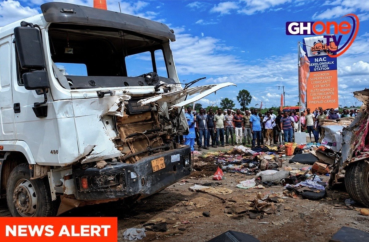 Nkenkensu-Techiman Highway accident - wreckage of commercial mini-bus after fatal head-on collision with trailer