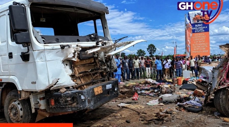 Nkenkensu-Techiman Highway accident - wreckage of commercial mini-bus after fatal head-on collision with trailer