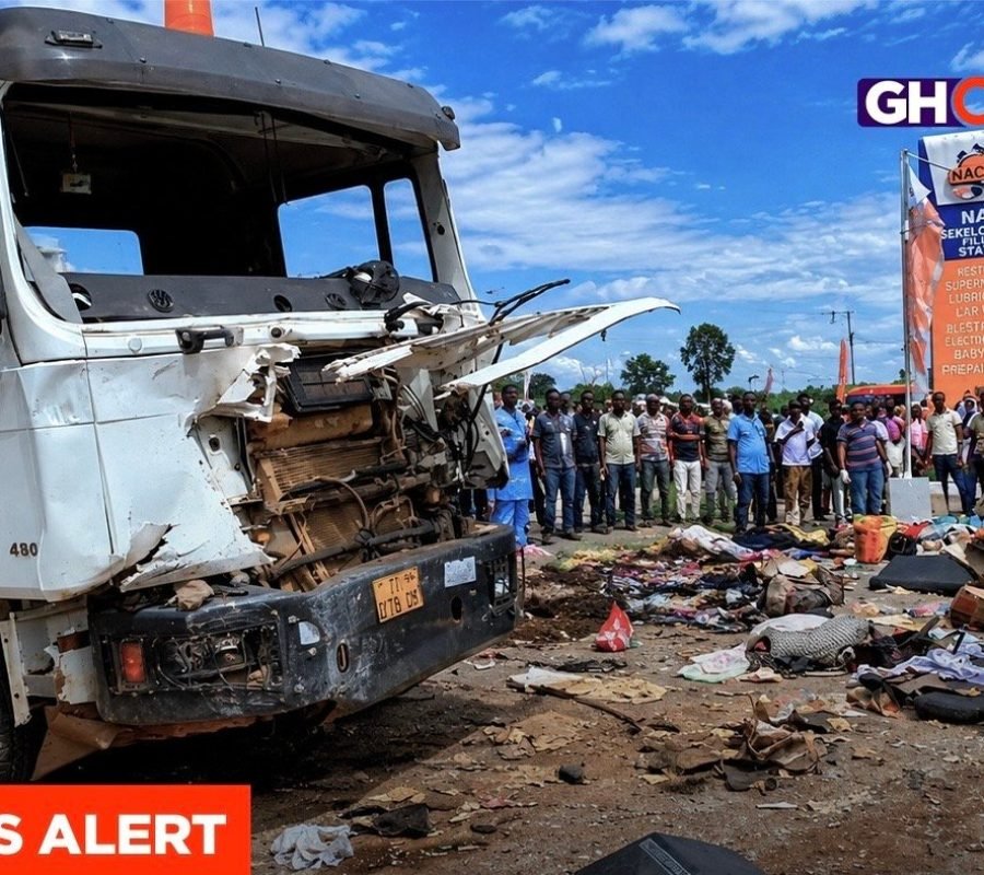 Nkenkensu-Techiman Highway accident - wreckage of commercial mini-bus after fatal head-on collision with trailer