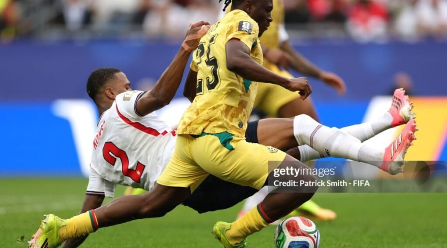 FOXBOROUGH, MASSACHUSETTS - JUNE 23: Prince Adu #25 of Ghana is challenged by Ezri Konsa #2 of England in the penalty box during the FIFA World Cup 2026 Group L match between England and Ghana at Boston Stadium on June 23, 2026 in Foxborough, Massachusetts. (Photo by Patrick Smith - FIFA/FIFA via Getty Images)