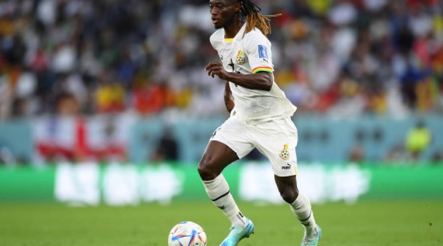 AL RAYYAN, QATAR - NOVEMBER 28: Gideon Mensah of Ghana in actionduring the FIFA World Cup Qatar 2022 Group H match between Korea Republic and Ghana at Education City Stadium on November 28, 2022 in Al Rayyan, Qatar. (Photo by Shaun Botterill - FIFA/FIFA via Getty Images)