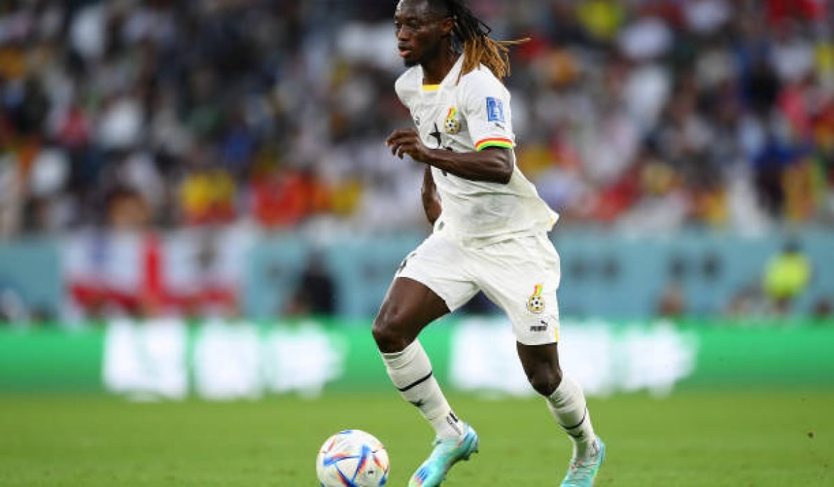 AL RAYYAN, QATAR - NOVEMBER 28: Gideon Mensah of Ghana in actionduring the FIFA World Cup Qatar 2022 Group H match between Korea Republic and Ghana at Education City Stadium on November 28, 2022 in Al Rayyan, Qatar. (Photo by Shaun Botterill - FIFA/FIFA via Getty Images)