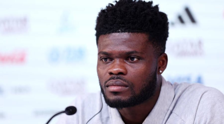 DOHA, QATAR - DECEMBER 01: Thomas Partey of Ghana speaks  during the Ghana Press Conference at the Main Media Center on December 01, 2022 in Doha, Qatar. (Photo by Christopher Lee/Getty Images)