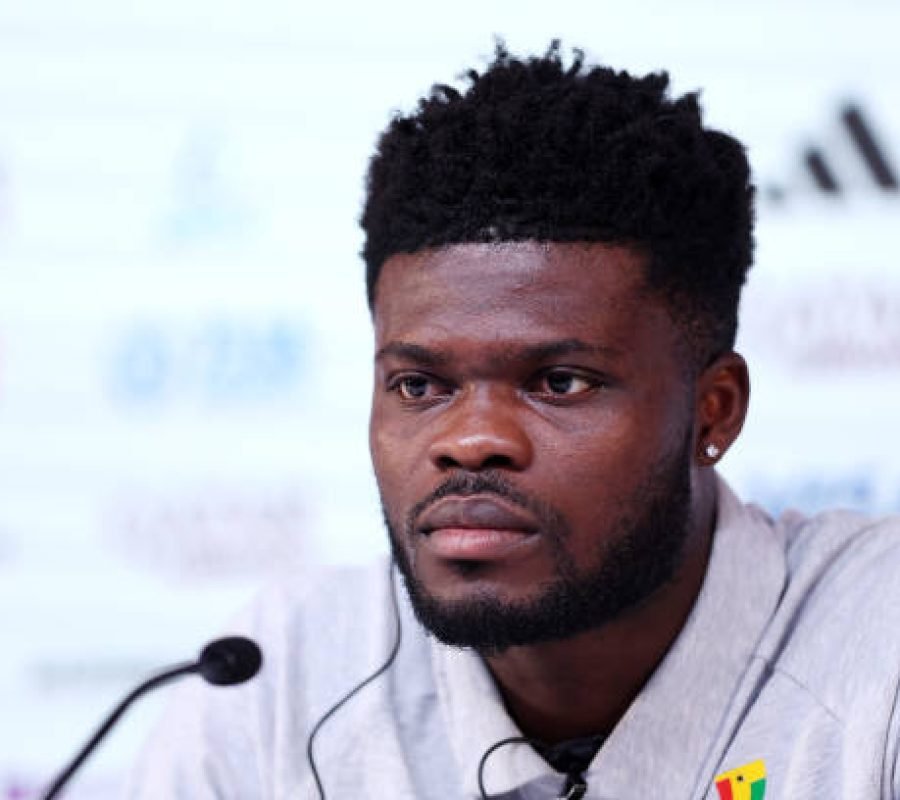 DOHA, QATAR - DECEMBER 01: Thomas Partey of Ghana speaks  during the Ghana Press Conference at the Main Media Center on December 01, 2022 in Doha, Qatar. (Photo by Christopher Lee/Getty Images)