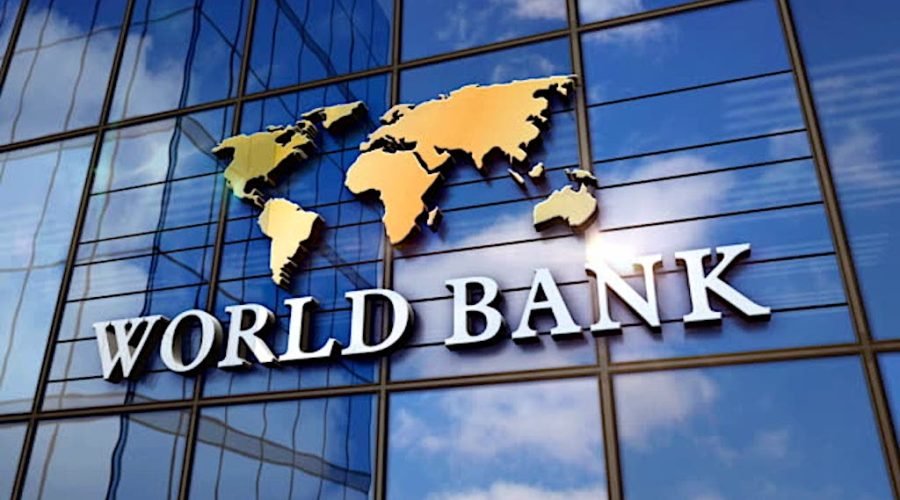 World Bank on glass building. Mirrored sky and city modern facade. Global capital, business, finance, economy, banking and money concept 3D rendering animation.