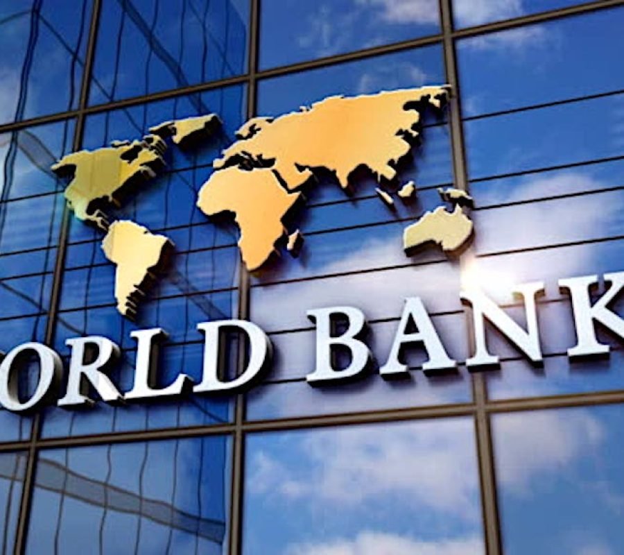 World Bank on glass building. Mirrored sky and city modern facade. Global capital, business, finance, economy, banking and money concept 3D rendering animation.